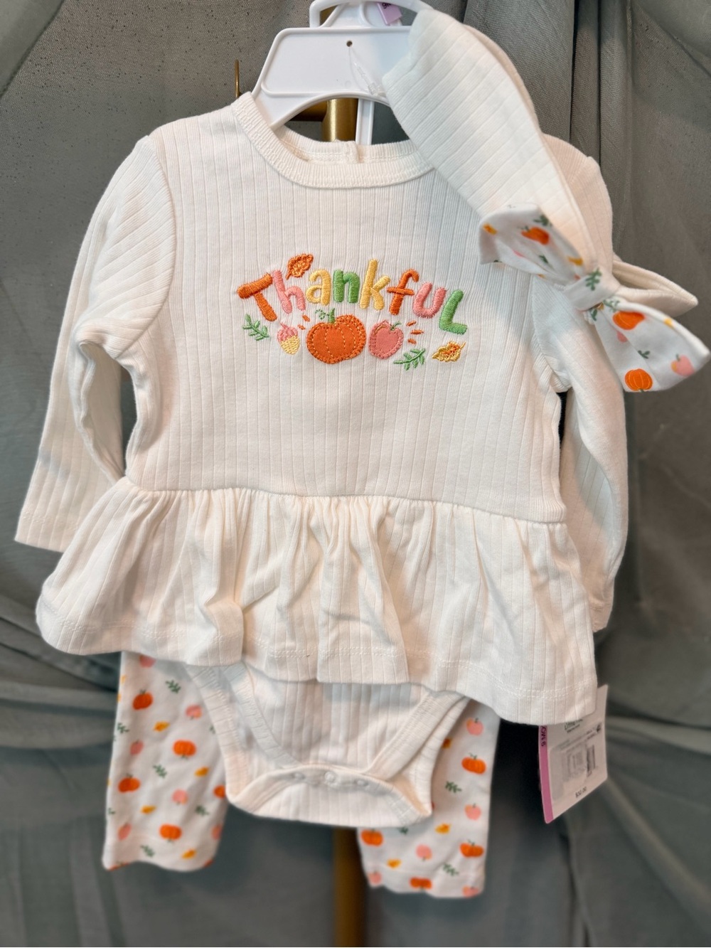 Little Me White 'Thankful' Pumpkin Ruffle Bodysuit Set